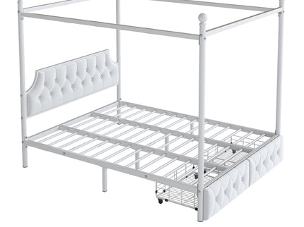 Queen Size Canopy Platform Bed With Upholstered Headboard And 2 Storage Drawers - White