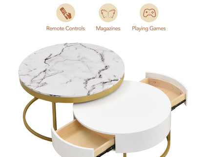 Round Nesting Coffee Table With Drawers - Golden / White
