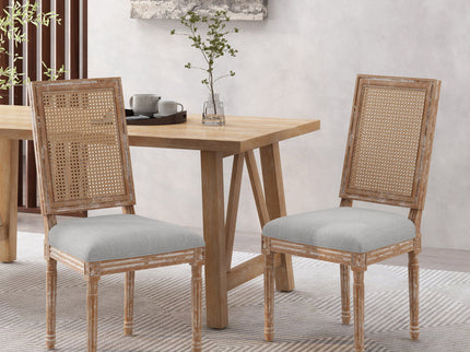 French Country Dining Chair With Rectangular Cane Backrest And Smooth Upholstered Seating