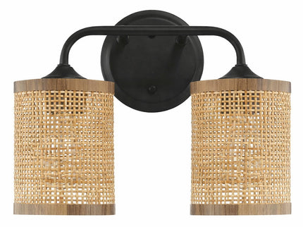 Quell - Double Light Vanity With Natural Shade Wall Lamp - Black / Rattan