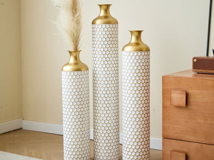 3 Piece Set Gorgeous Home Decoration Large Glazed Floor Vase Decoration Home Droplet Shaped - Gold / White