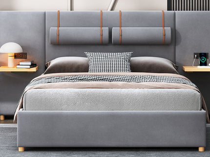 Upholstered Platform Bed, 2 Outlets And USB Charging Ports On Both Sides, 2 Bedside Pillows, Storage Shelves