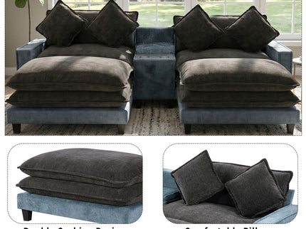 Sectional Sofa With Removable Ottomans, USB Ports, Cup Holders & Storage - Gray / Light Blue