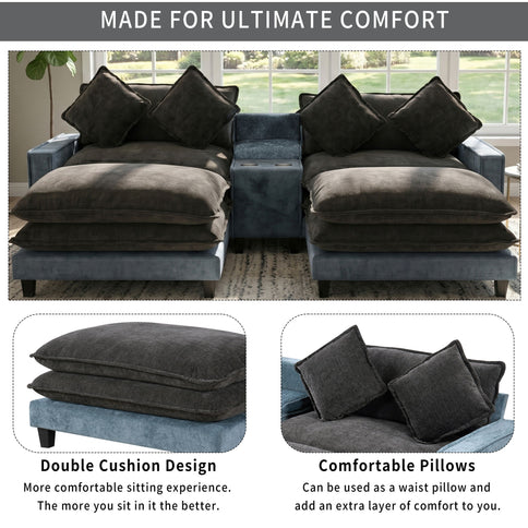 Sectional Sofa With Removable Ottomans, USB Ports, Cup Holders & Storage - Gray / Light Blue