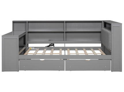 Platform Bed With Upholstered Headboard, Storage Shelves, Drawers, Charging Station, LED Lighting, Built In Desk