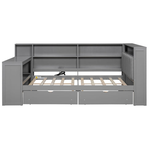 Platform Bed With Upholstered Headboard, Storage Shelves, Drawers, Charging Station, LED Lighting, Built In Desk