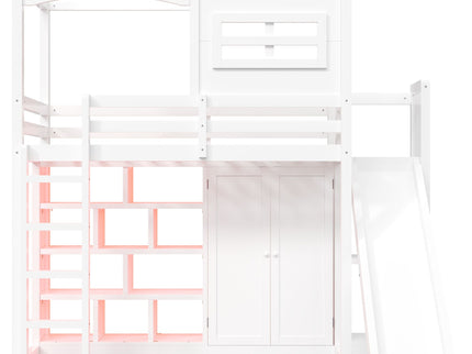 Twin Size Loft Bed With Wardrobe, Storage Shelves, Slide And LED - White