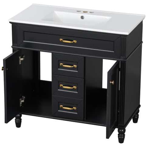 Bathroom Vanity With Sink, Flip-Out Top Drawer, Soft Close Doors, 2 Storage Drawers