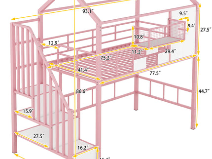 Metal Loft Bed With Roof Design And Storage Box With Guardrails And Integrated Ladder