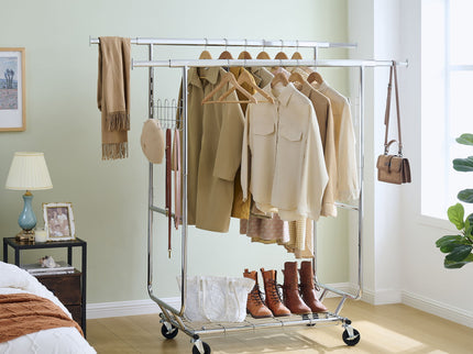 Heavy Duty Double Clothing Garment Rack With Shelves - Silver