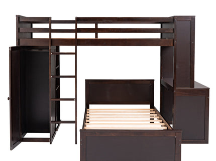 Loft Bed With A Stand Alone Bed, Shelves, Desk, And Wardrobe