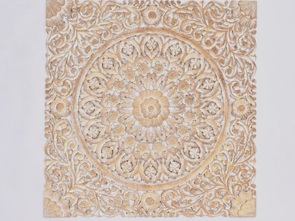 Floral Hand Carved Mandala Square Wall Decor With Spiritual Symbolism - Gold / White