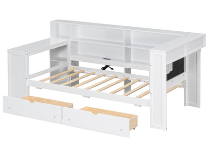 Platform Bed With Upholstered Headboard, Storage Shelves, Drawers, Charging Station, LED Lighting, Built In Desk