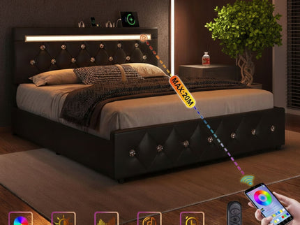 Upholstered Bed Frame With LED Lights, 4 Storage Drawers, Charging Station