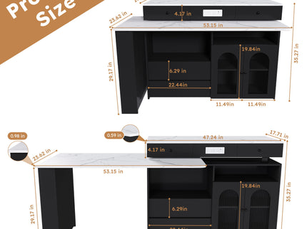 Kitchen Island With Extendable Rotating Table, 4 Drawers & Glass Door Cabinets, Built In Socket - Black