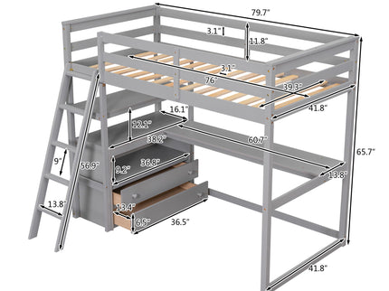 Modern Loft Bed With Built In Desk, Shelves, And 2 Drawers