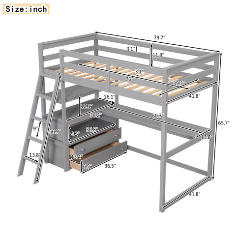 Modern Loft Bed With Built In Desk, Shelves, And 2 Drawers