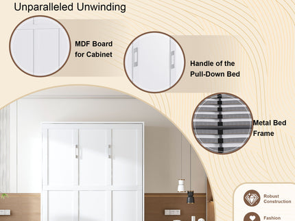 Queen Murphy Bed, Foldable Wall Bed, Space Saving Design For Bedrooms - White