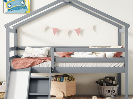 Low Loft House Bed With Slide, Ladder, Safety Guardrails, House Roof Frame