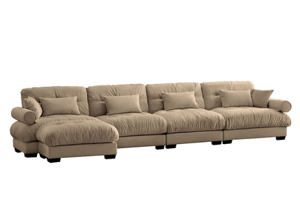 Modern Sectional Sofa With Ottoman, Round Bolster Armrests, Waist And Throw Pillows