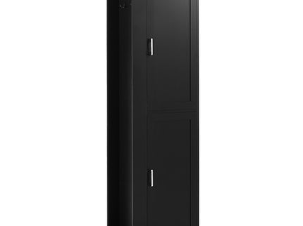Tall Freestanding Bathroom Storage Cabinet With Adjustable Shelves And Side Hooks