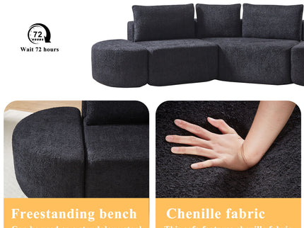 V - Shaped Modular Sofa Set & 3 Pillows And 2 Curved Ottomans For Living Rooms - Black