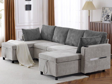 Sectional Sofa Bed With Pull Out Sleeper, USB Ports, Cup Holders