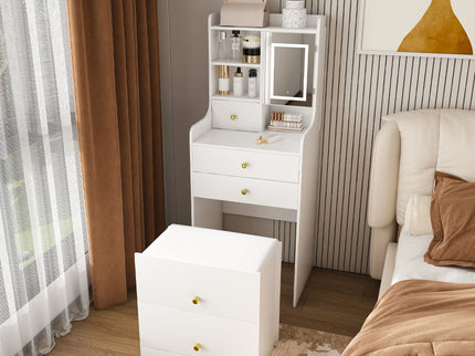 3 In 1 Dressing Table With LED Mirror & Storage Stool, Compact Makeup Vanity - White