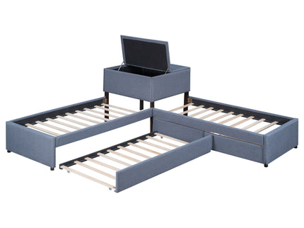 L Shaped Upholstered Platform Bed With Trundle And 2 Drawers Linked With Built In Desk