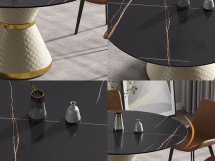 53.15" Modern Artificial Stone Round Carbon Steel Base Dining Table, Can Accommodate 6 People - Black / White