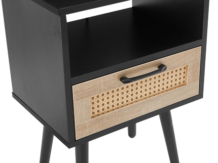 15.75" Rattan End Table With Power Outlet & USB Ports, Modern Nightstand With Drawer And Solid Wood Legs, Side Table For Living Room, Bedroom