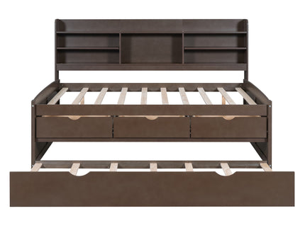 Captain Bed With Built In Bookshelves, 3 Storage Drawers, And Trundle