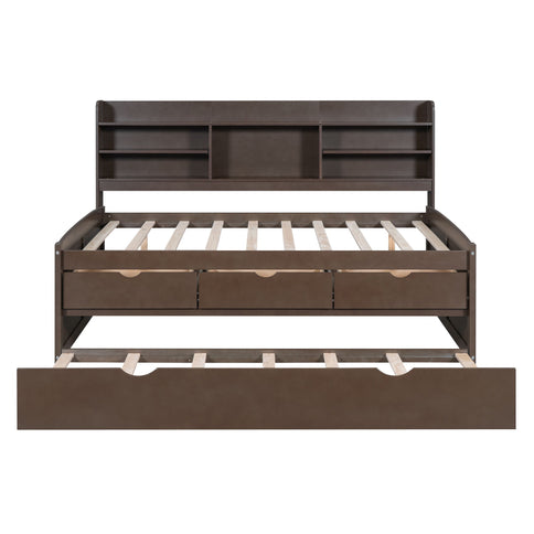Captain Bed With Built In Bookshelves, 3 Storage Drawers, And Trundle
