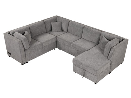 U-Shaped Sectional Sofa Pull Out Sofa Bed With Two USB Ports, Two Power Sockets, Three Back Pillows And A Storage Chaise For Living Room