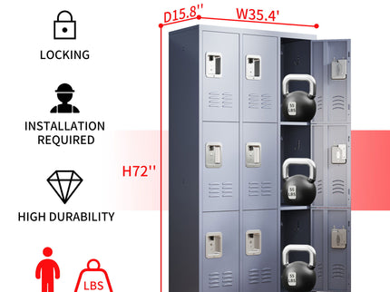 9 Door Lockers With Lock For Storage In Office, School, Gym, And Bedroom - Gray