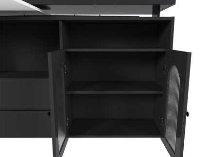 Kitchen Island With Extendable Rotating Table, 4 Drawers & Glass Door Cabinets, Built In Socket - Black