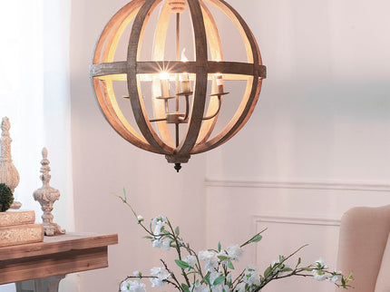 4 Light Wood Chandelier, Hanging Light Fixture With Adjustable Chain For Kitchen, Bulb Not Included - Brown