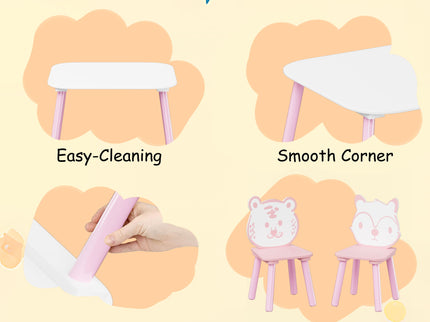 Table And Chair Set, 3 Piece Wooden Toddler Desk With Animal Backrest - Pink / White