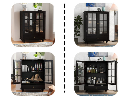 Minimalist Buffet Cabinet With Double Glass Doors And Drawer