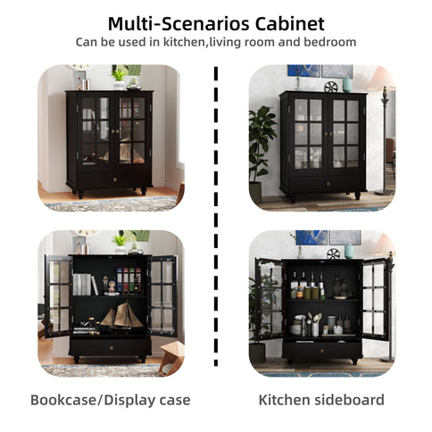 Minimalist Buffet Cabinet With Double Glass Doors And Drawer