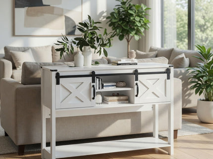 Farmhouse Entryway Table With Sliding Barn Door