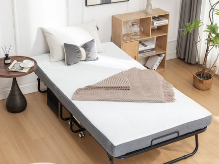 Foldable Metal Frame Bed For Guest With Memory Foam Mattress On Wheels, Saving Space Rollaway Bed
