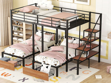 Full Over Twin-Twin Triple Bunk Bed With Drawers And Staircase - Black