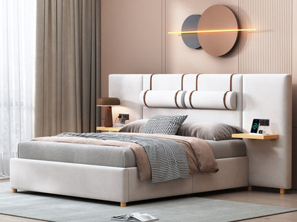 Upholstered Platform Bed, 2 Outlets And USB Charging Ports On Both Sides, 2 Bedside Pillows, Storage Shelves