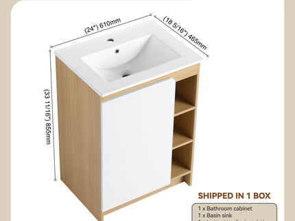 24" Bathroom Vanity With Sink & Wall Mounted Side Cabinet, Vanity Set With Thin Edge Sink, Interchangeable & Door Panels, Open & Hidden Storage - Black / Light Oak / White