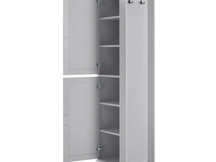Tall Freestanding Bathroom Storage Cabinet With Adjustable Shelves And Side Hooks