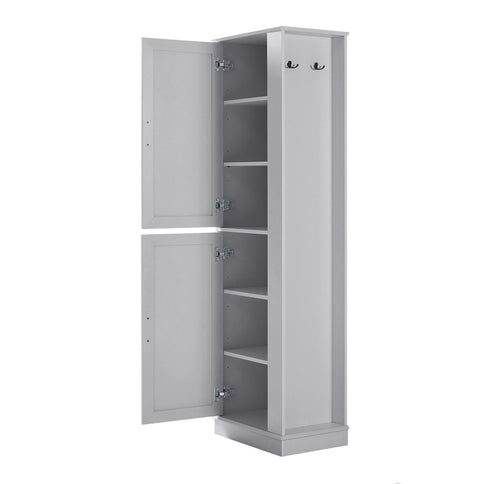 Tall Freestanding Bathroom Storage Cabinet With Adjustable Shelves And Side Hooks