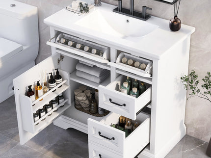 36" Bathroom Vanity With Sink, 2 Tip-Out Drawers, Soft Close Hinges