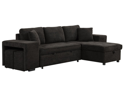 Modern L-Shape 3 Seat Reversible Sectional Couch, Pull Out Sleeper Sofa With Storage Chaise And 2 Stools For Living Room Furniture Set