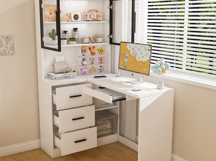L-Shaped Computer Desk With Glass Cabinets, Built In LED Lights, USB Charging Ports